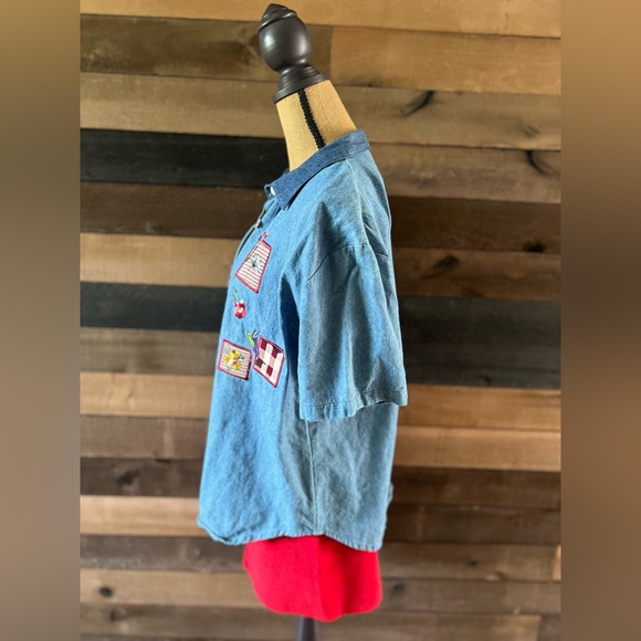 90s Vintage Teddi Blue Cotton Short Sleeves Patchwork Collared Button Up Shirt - Picture 11 of 11